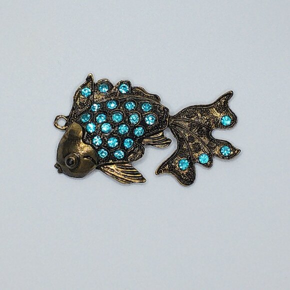 Blue Golden Fish Pendant, gold color, blue rhinestone, shiny crystals details - Picture 2 of 9